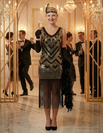 Déguisement Charleston noir et doré à sequins luxe femme