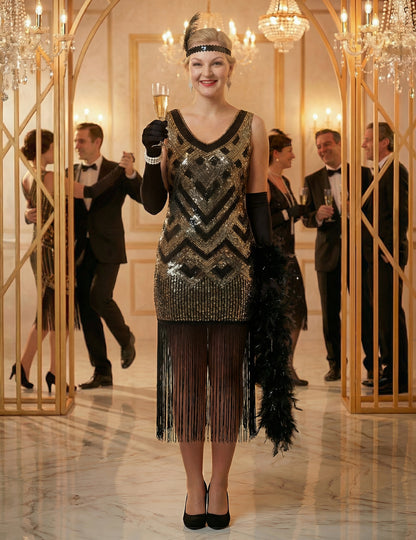 Луксозен дамски карнавален костюм Чарлстън в черно и златно с пайети 