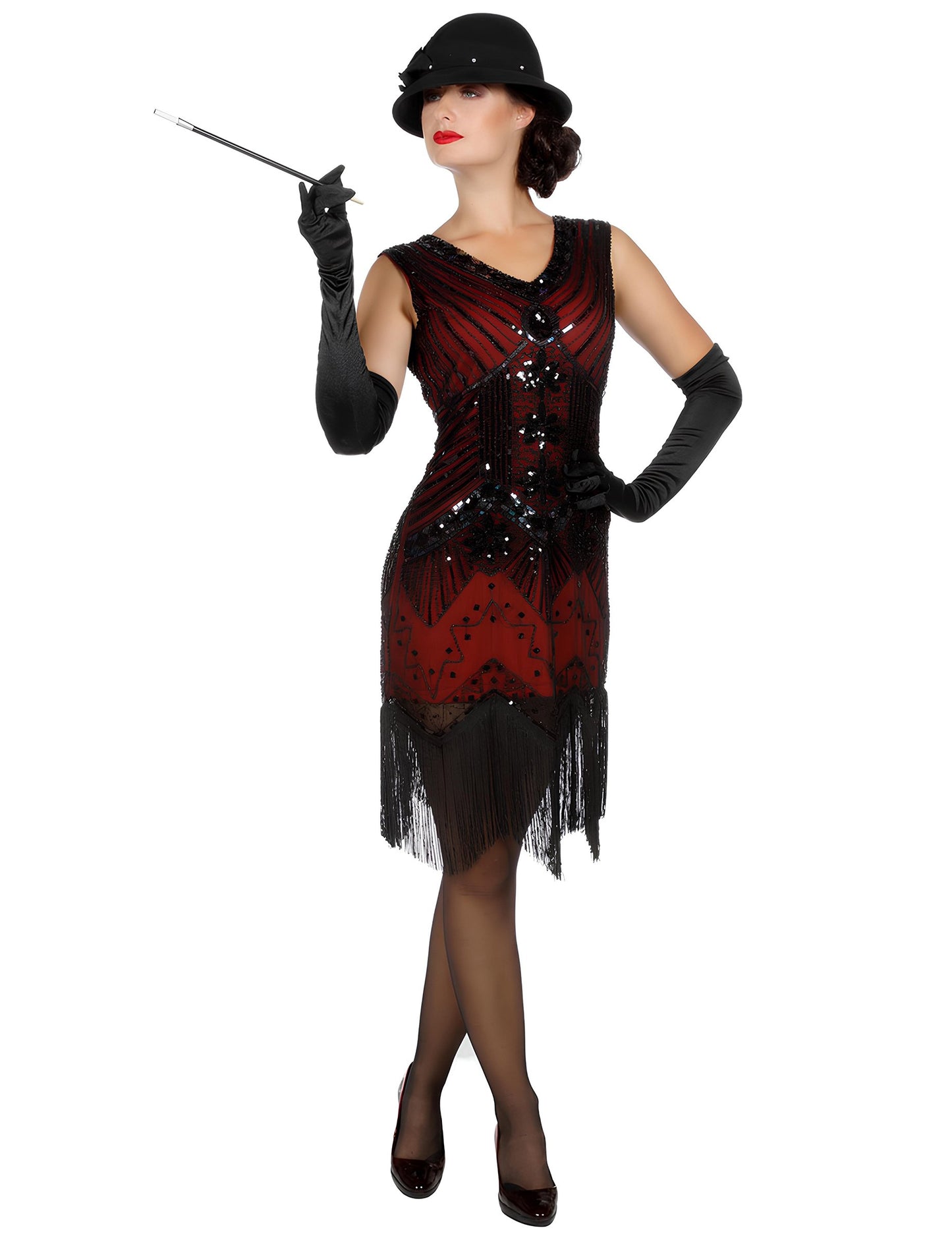 Луксозен дамски червен Чарлстон костюм с пайети 