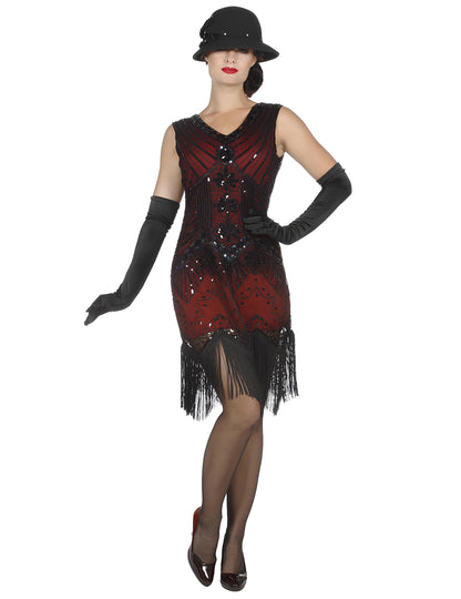 Луксозен дамски червен Чарлстон костюм с пайети 