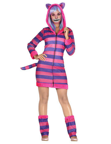 Déguisement de chat rayé pour femme rose et violet avec capuche et queue