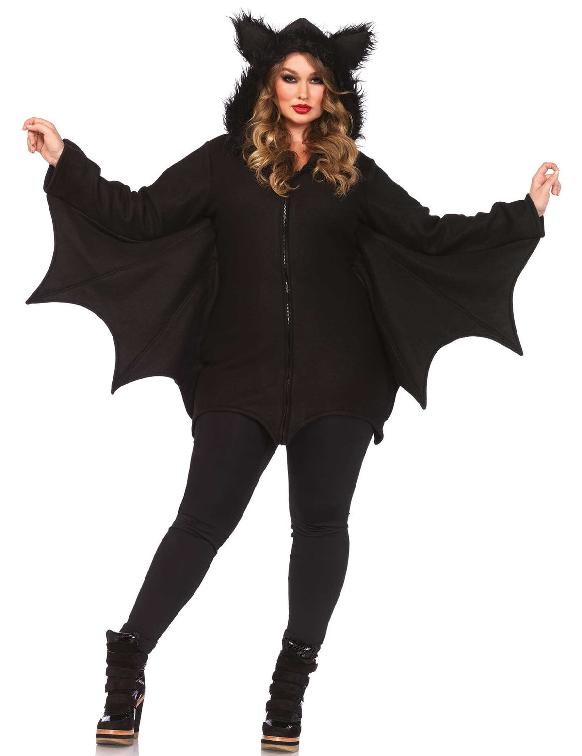 Vue de face ailes déployées du déguisement de chauve-souris Halloween pour femme