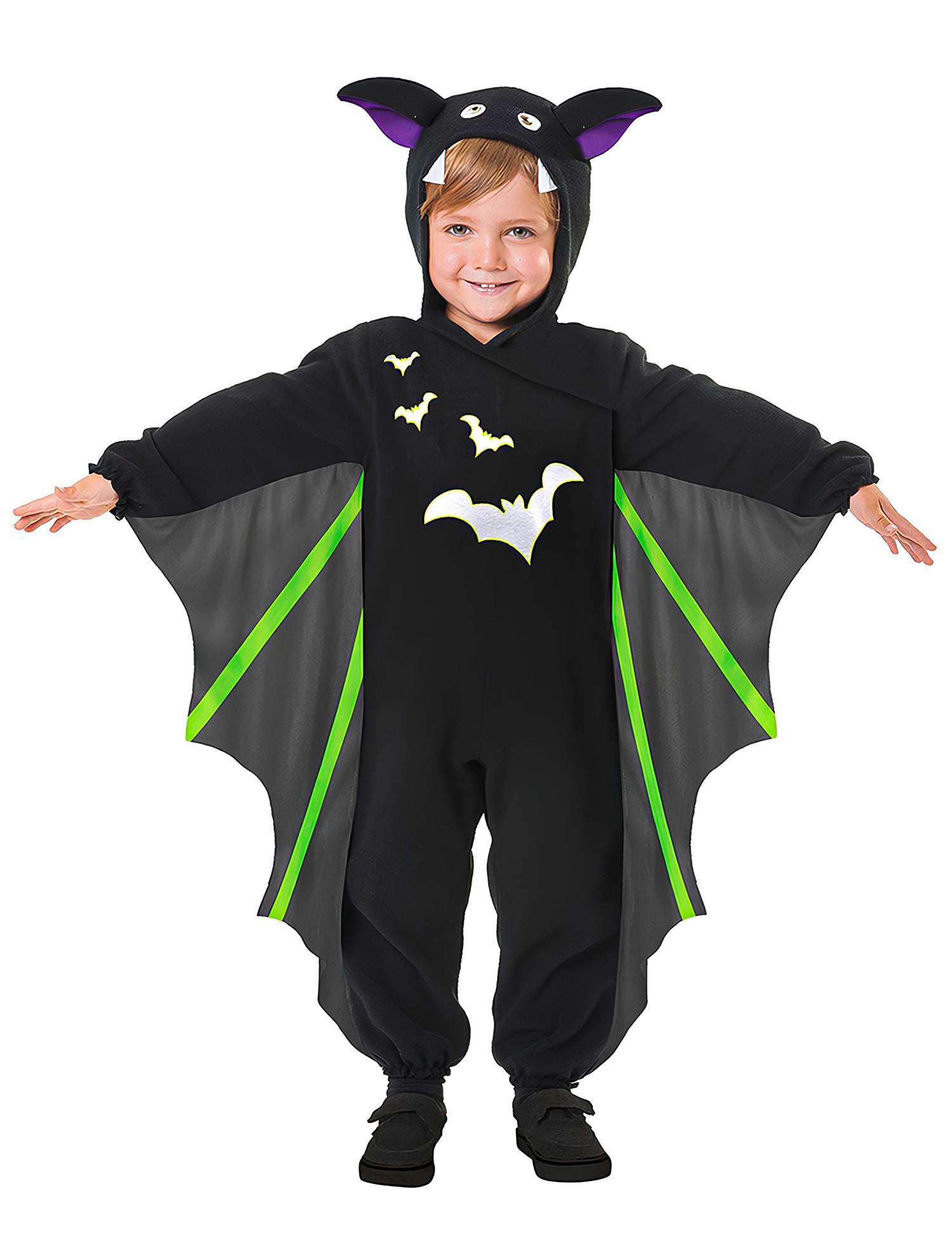 Déguisement chauve-souris volante pour enfant noir avec ailes grises et vertes