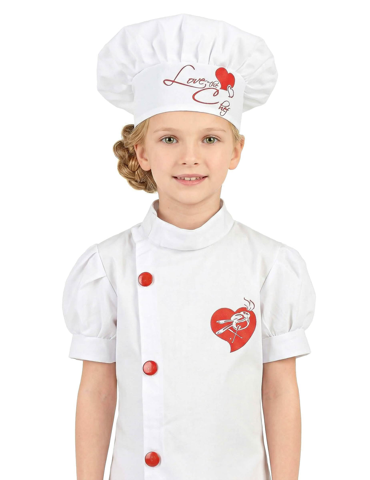 Gros plan sur la toque et le buste du déguisement de chef cuisinier pour fille