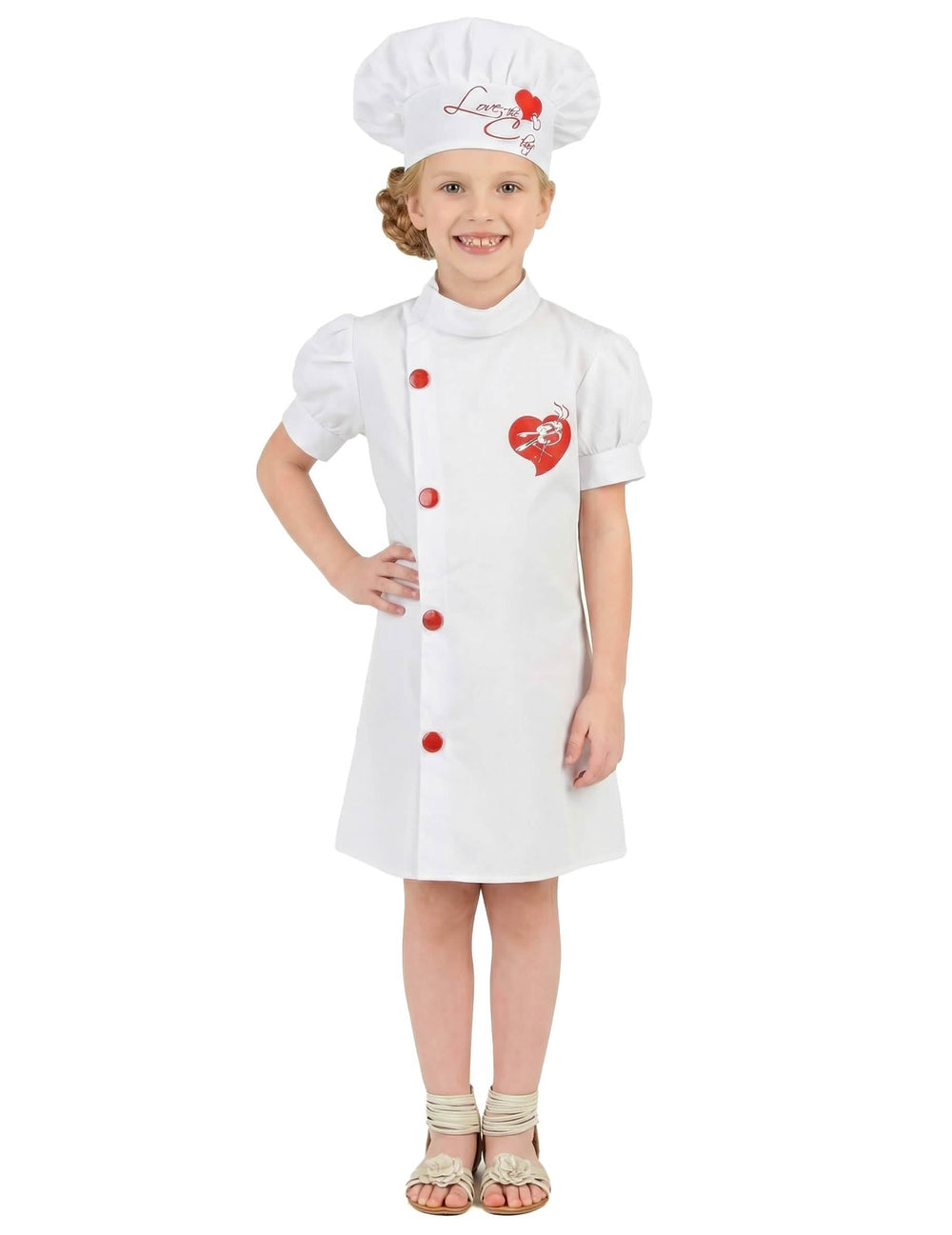 Déguisement de chef cuisinier pour fille blanc avec cœurs rouges et toque