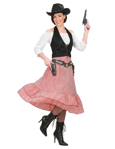 Déguisement chef du far west pour femme avec jupe à carreaux rouge et gilet noir