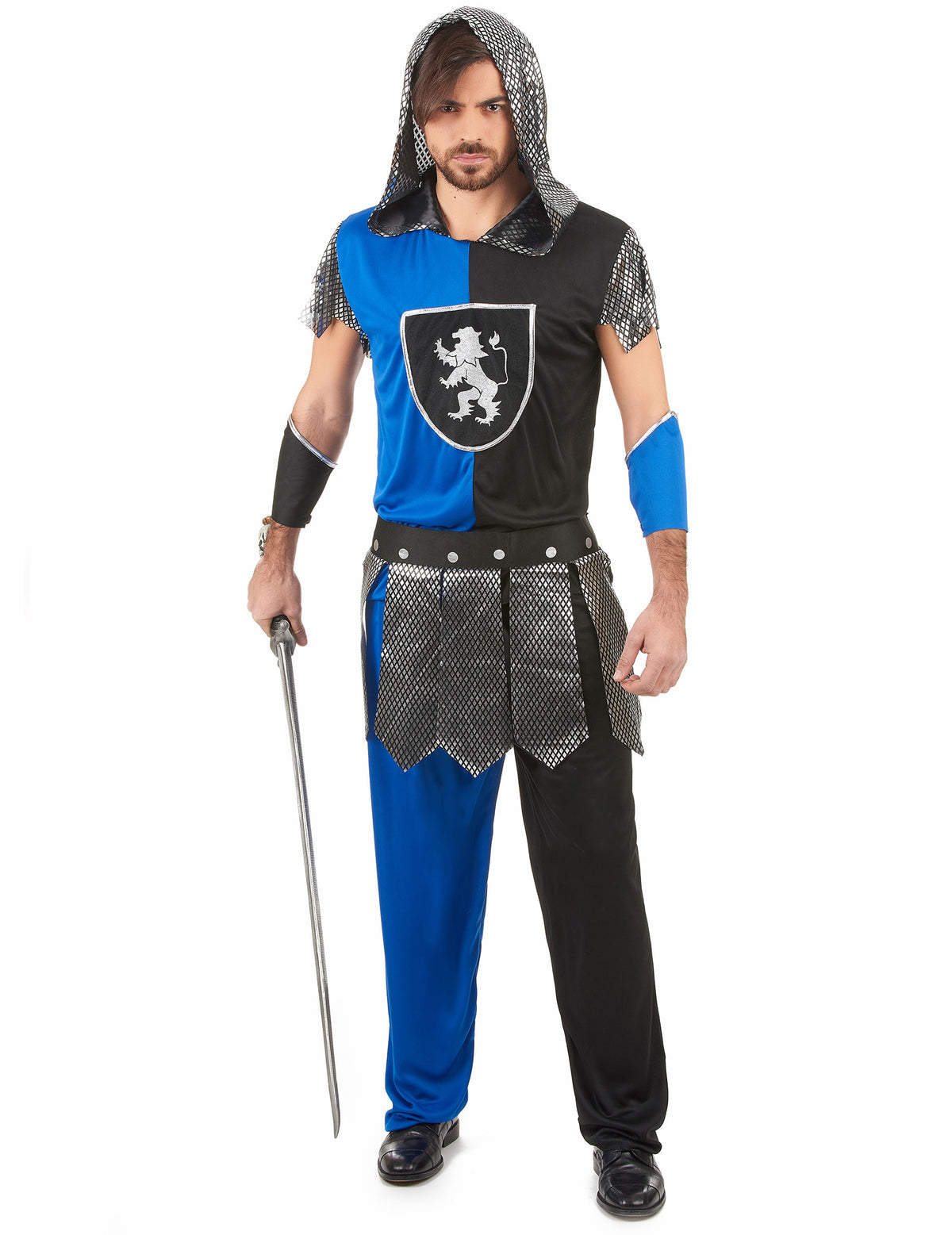 Déguisement de chevalier pour homme bleu et noir avec blason lion argenté