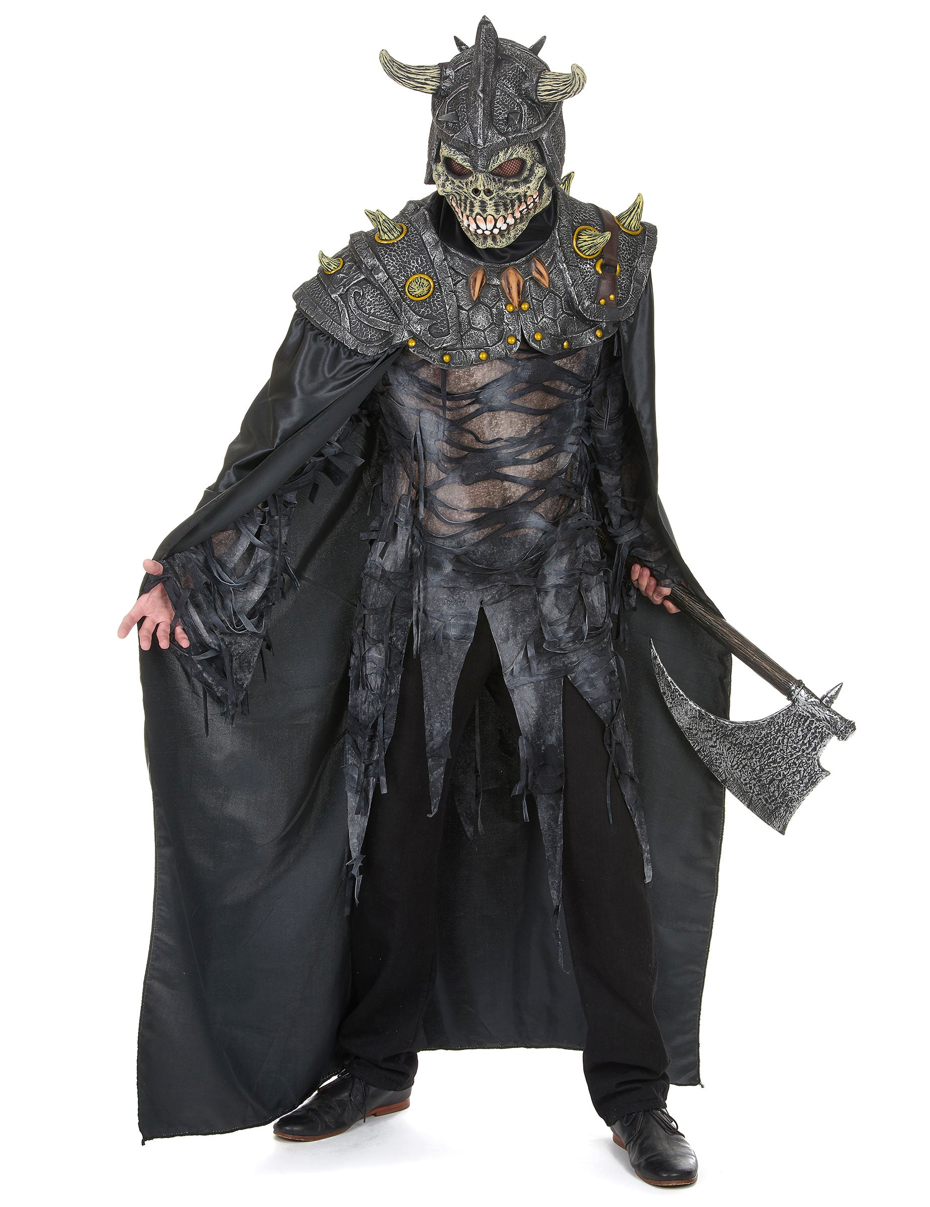 Déguisement de chevalier de l'armée sombre pour adulte gris et noir avec armure et casque à cornes