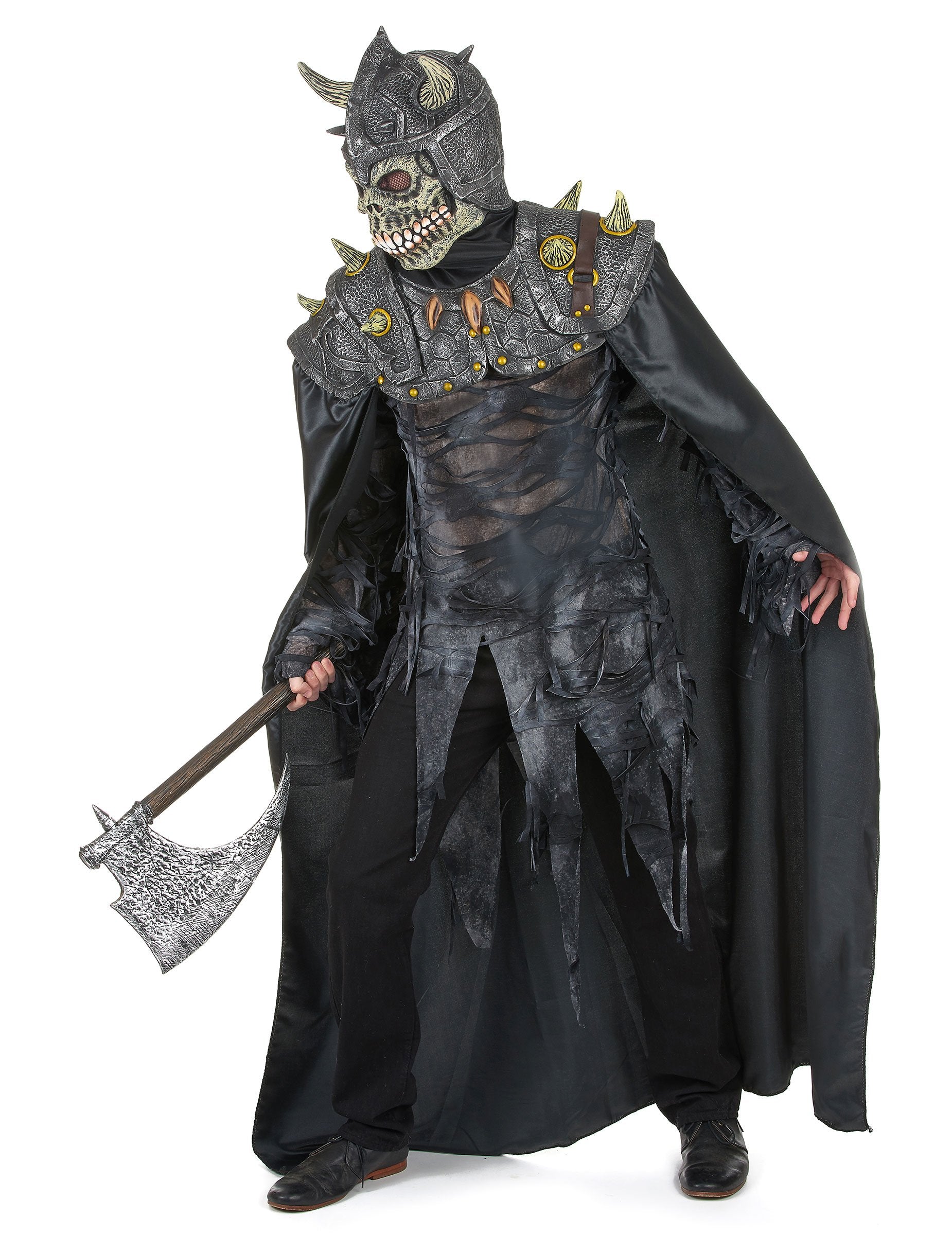 Vue de profil avec hache du déguisement de chevalier de l'armée sombre pour adulte
