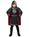 Déguisement de chevalier des dragons pour enfant noir et argent avec cape rouge