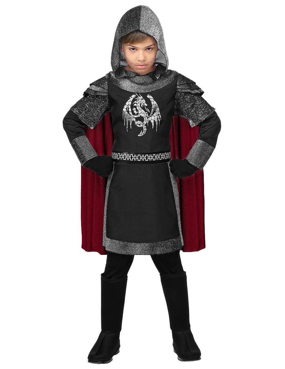 Déguisement de chevalier des dragons pour enfant noir et argent avec cape rouge