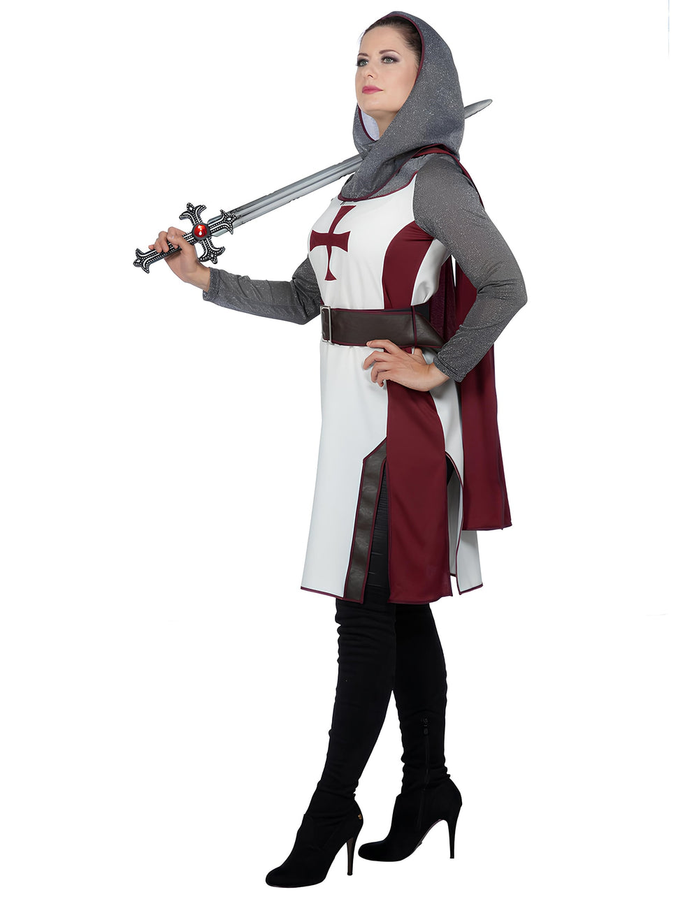 Vue de profil du déguisement de chevalier templier luxe pour femme