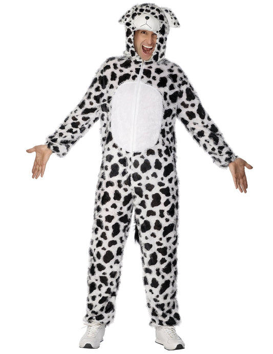 Déguisement de chien dalmatien pour adulte blanc à taches noires avec capuche à oreilles