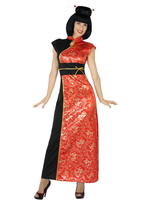 Déguisement chinoise pour femme rouge et noir avec motifs dorés