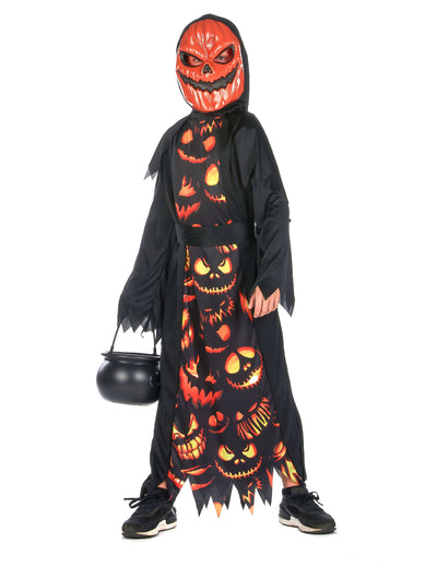 Déguisement de citrouille creepy pour enfant noir et orange avec masque