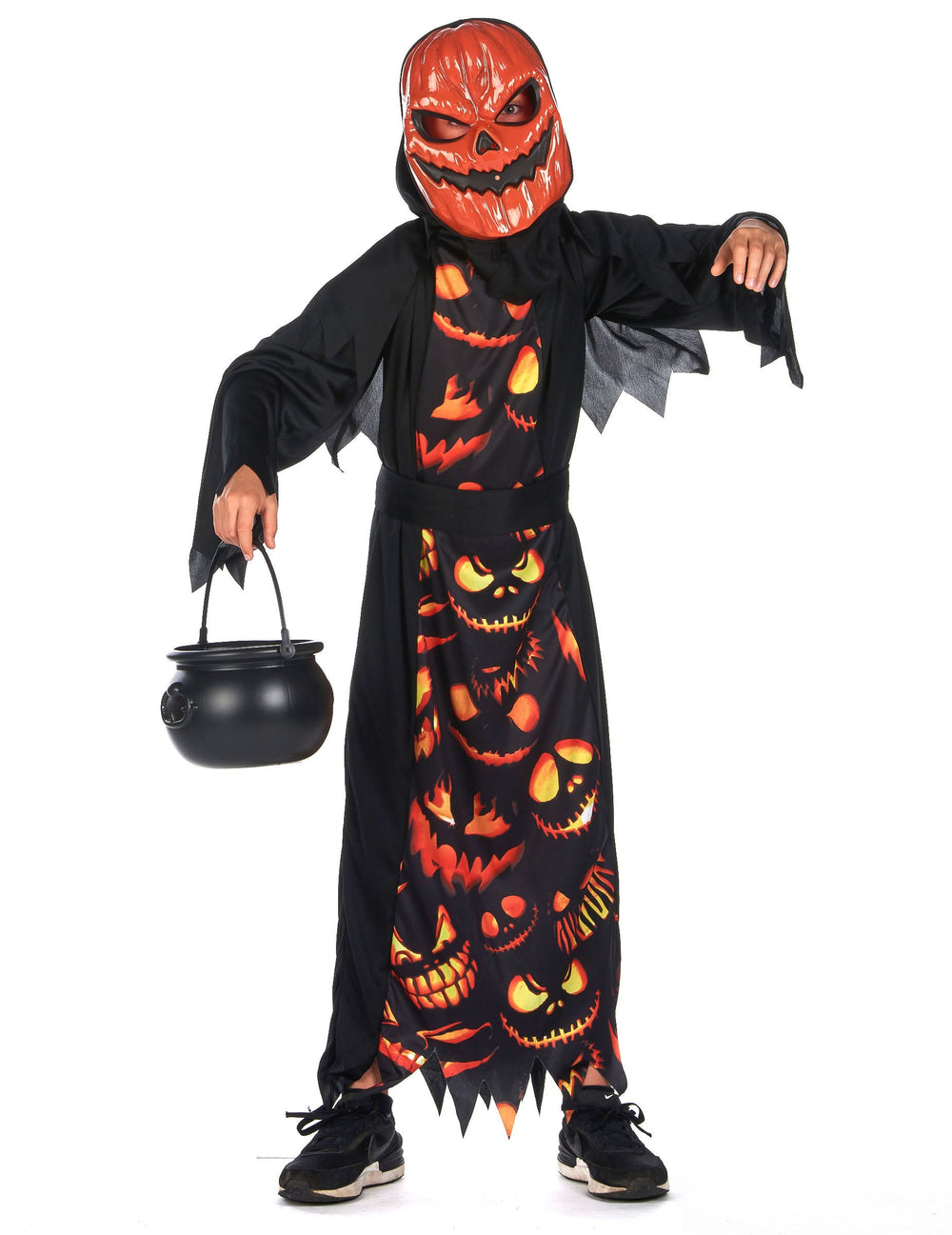Vue de face avec chaudron du déguisement de citrouille creepy pour enfant