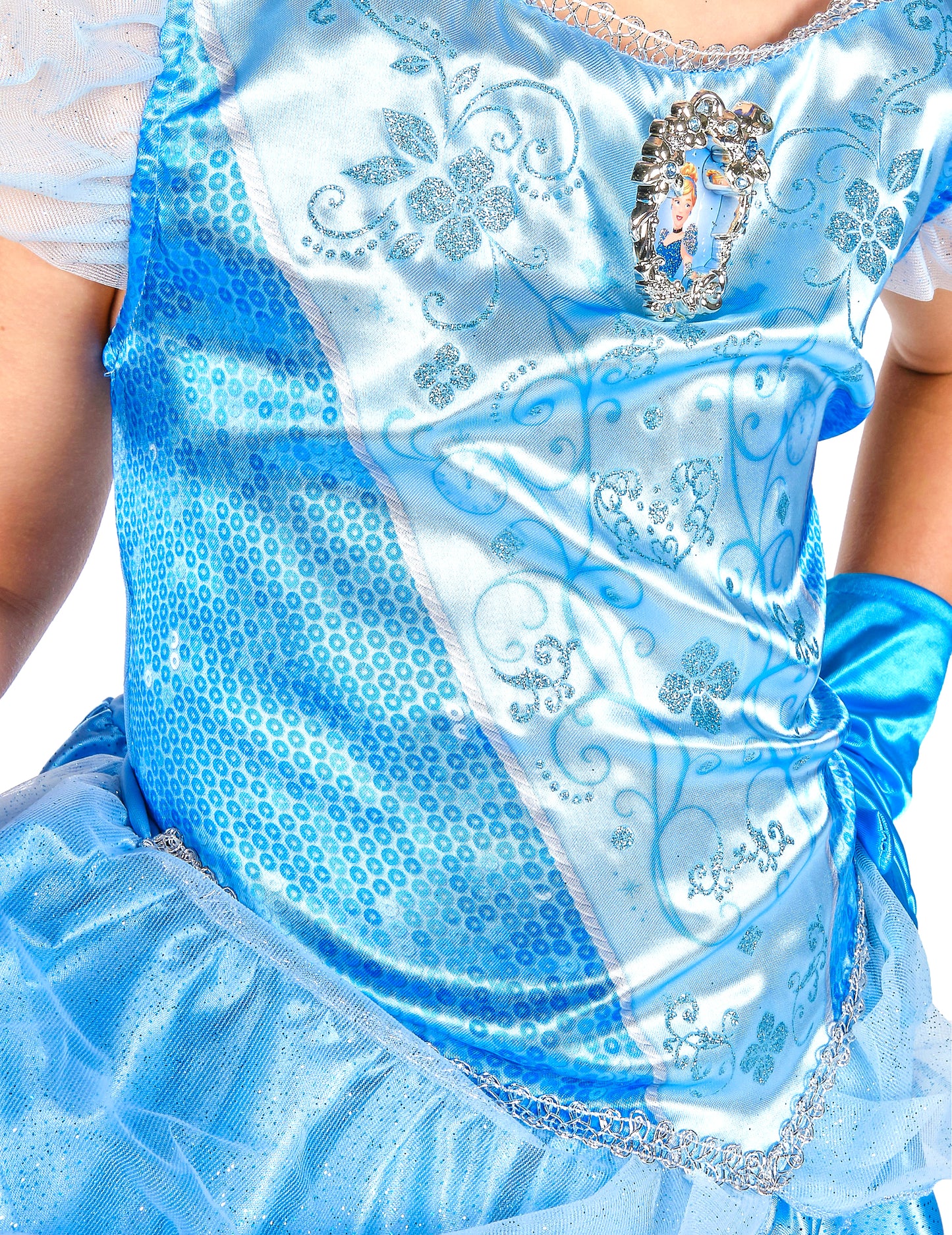 Détail du bustier à sequins et motifs du déguisement classique Cendrillon pour fille
