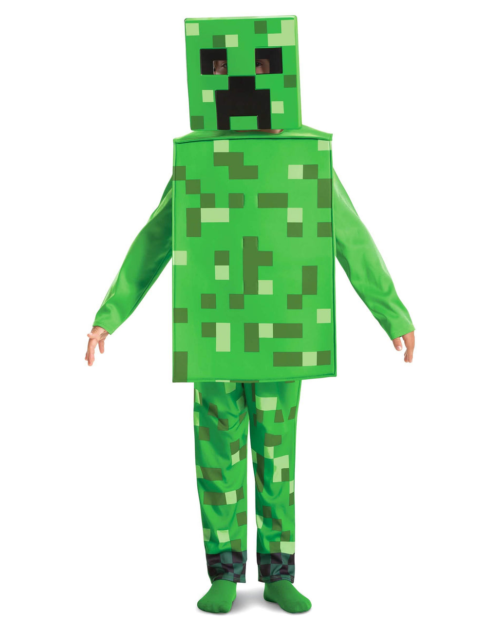 Класически костюм Creeper Minecraft™ за дете зелен пикселиран с квадратна маска и нагръдник