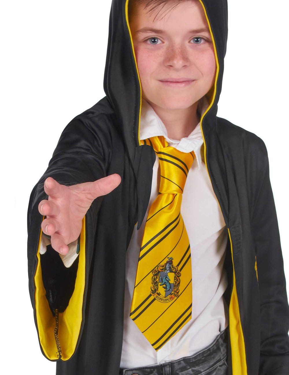 Крупен план върху вратовръзката на класическия костюм Пухчо Harry Potter за дете