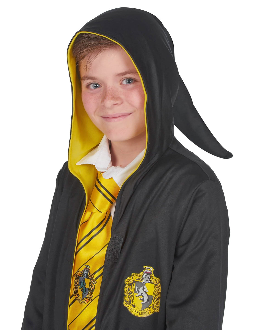 Преден изглед на заострения качулка на класическия костюм Хафълпаф Harry Potter™ дете