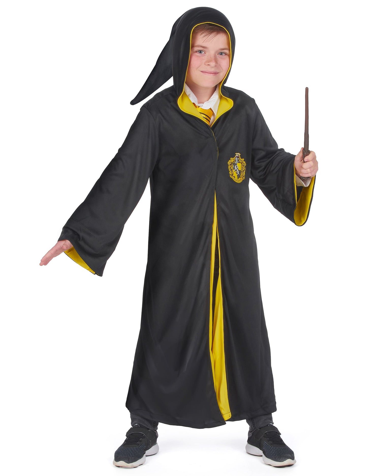Vue de face avec capuche pointue du déguisement classique Poufsouffle Harry Potter pour enfant