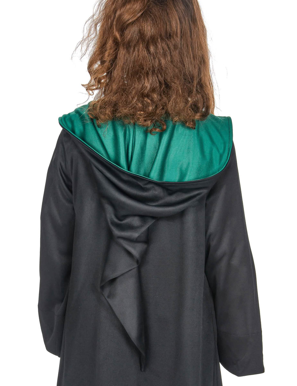 Détail de la capuche et de sa doublure verte du déguisement classique Serpentard Harry Potter