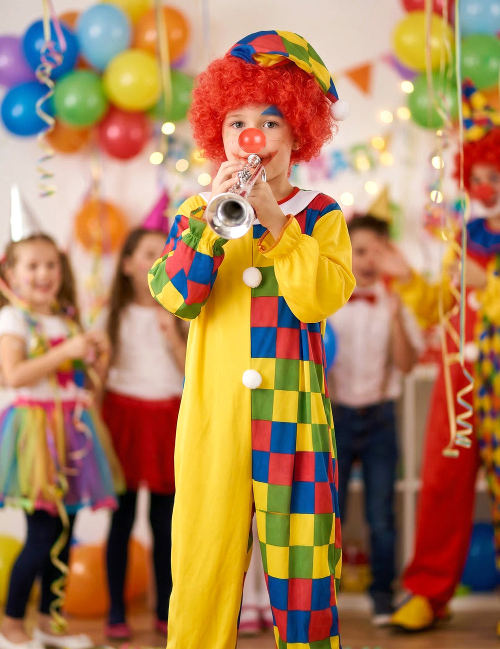 Mise en situation avec trompette du déguisement clown à carreaux pour garçon