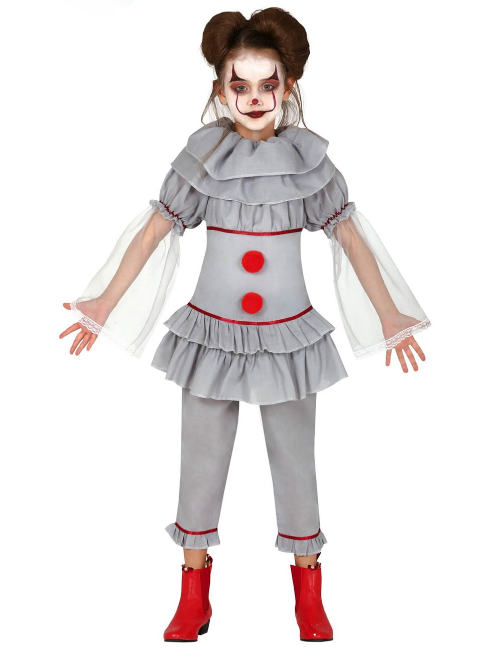Déguisement de clown assassin pour fille gris avec pompons rouges
