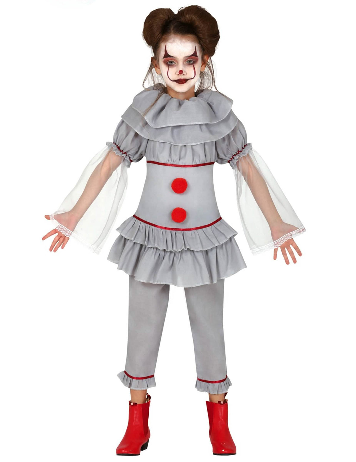 Déguisement de clown assassin pour fille gris avec pompons rouges