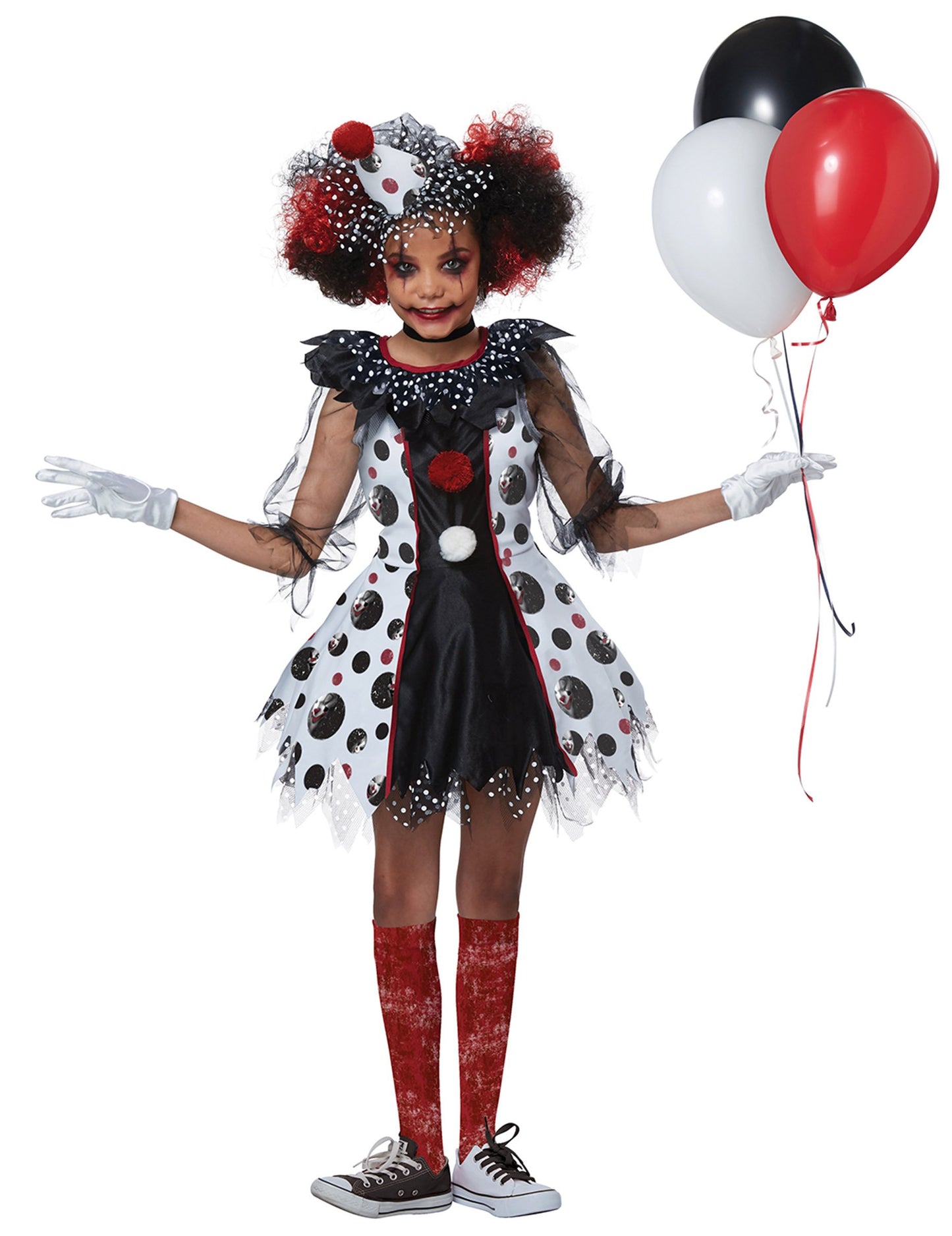 Vue d'ensemble avec ballons du déguisement de clown effrayant luxe