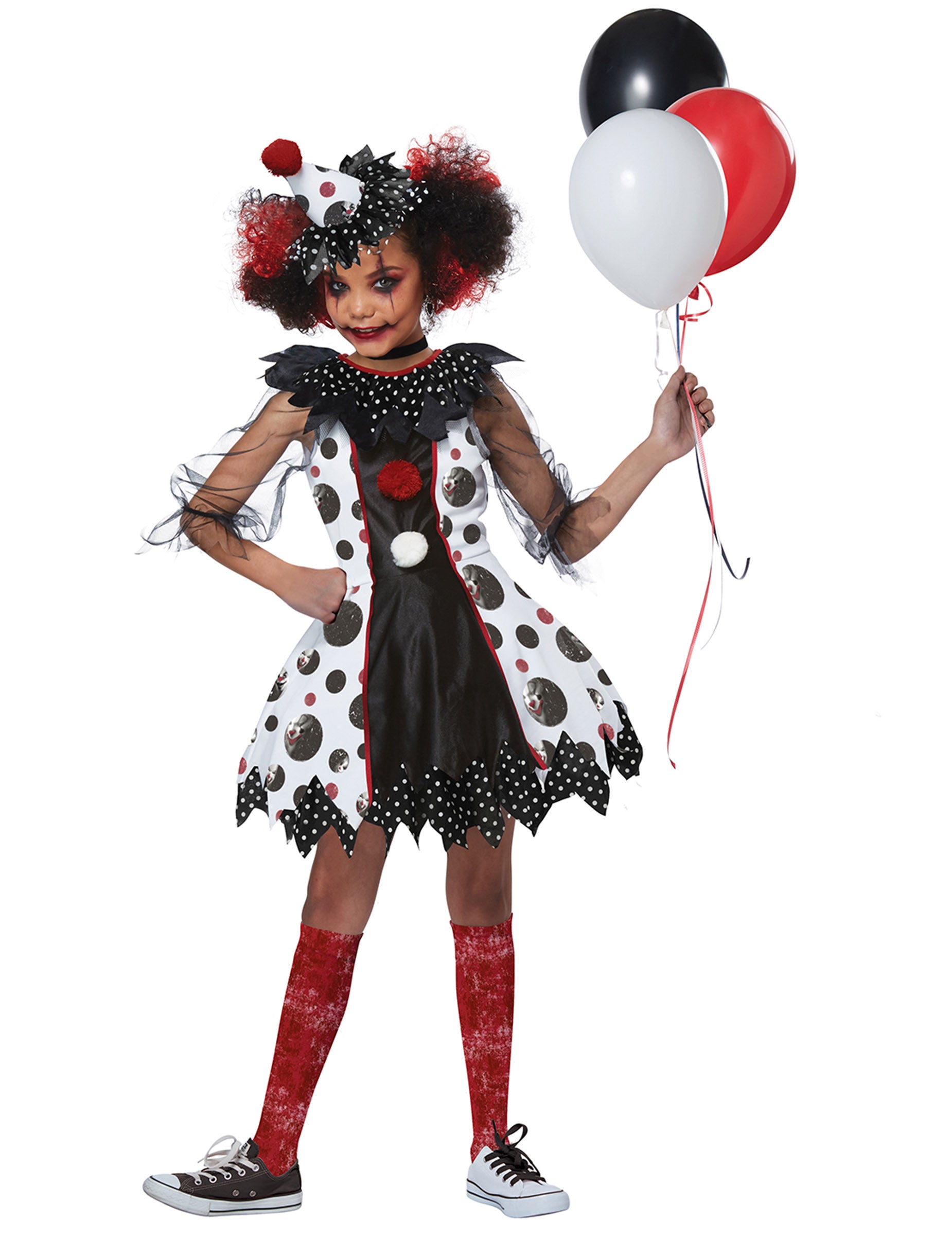 Déguisement de clown effrayant luxe pour fille noir et blanc à pois rouges