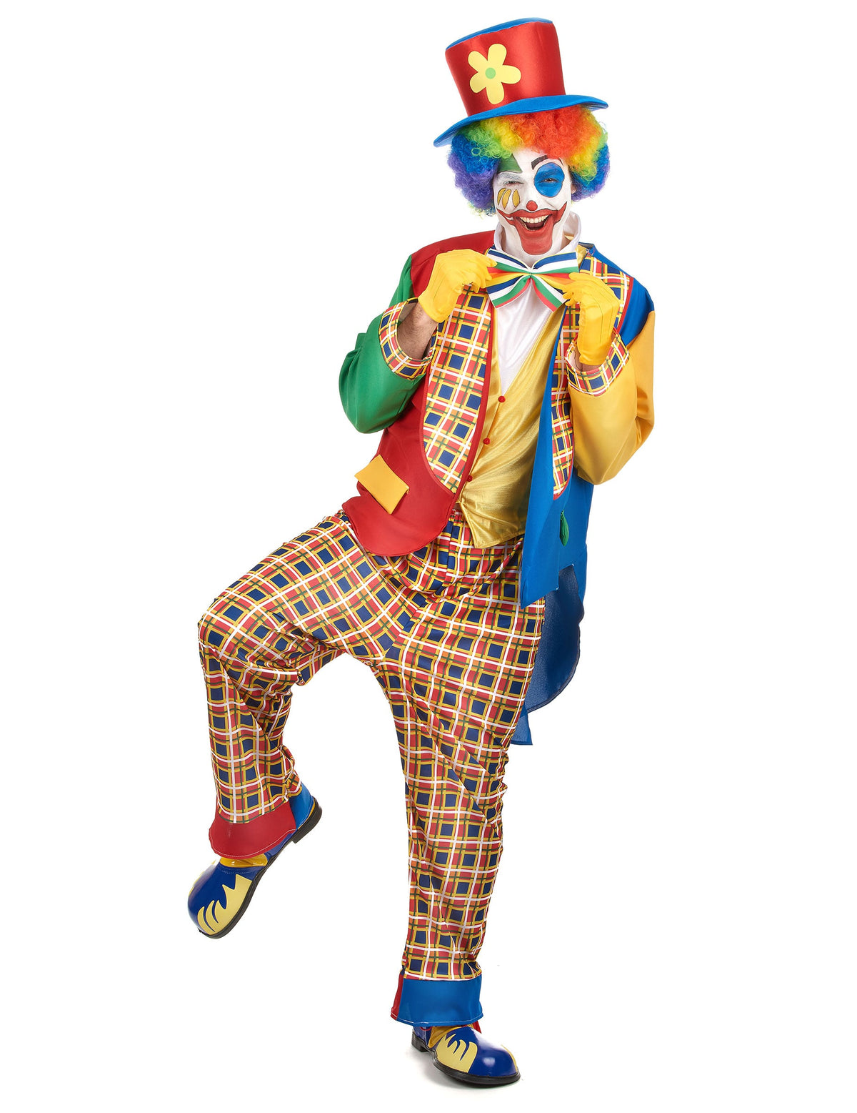 Déguisement clown de cirque pour homme multicolore avec pantalon à carreaux et chapeau rouge