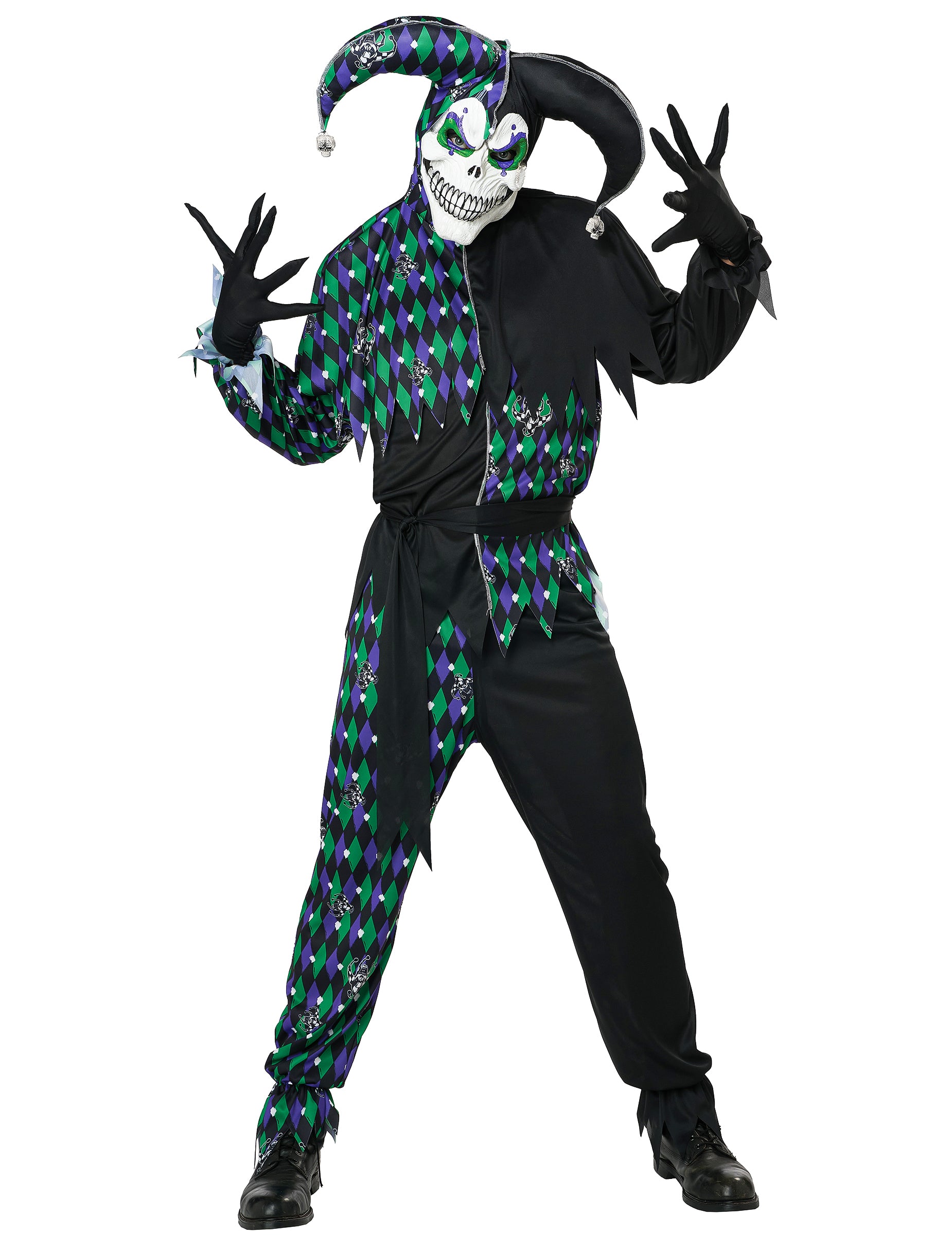 Déguisement clown monstrueux luxe pour adulte noir vert et violet à losanges