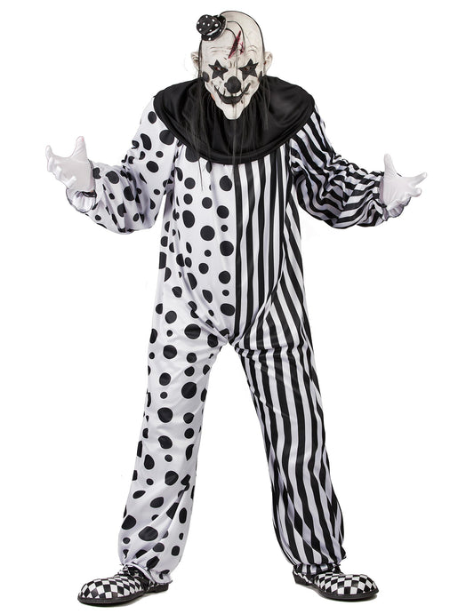Déguisement clown monstrueux pour adulte noir et blanc à pois et rayures