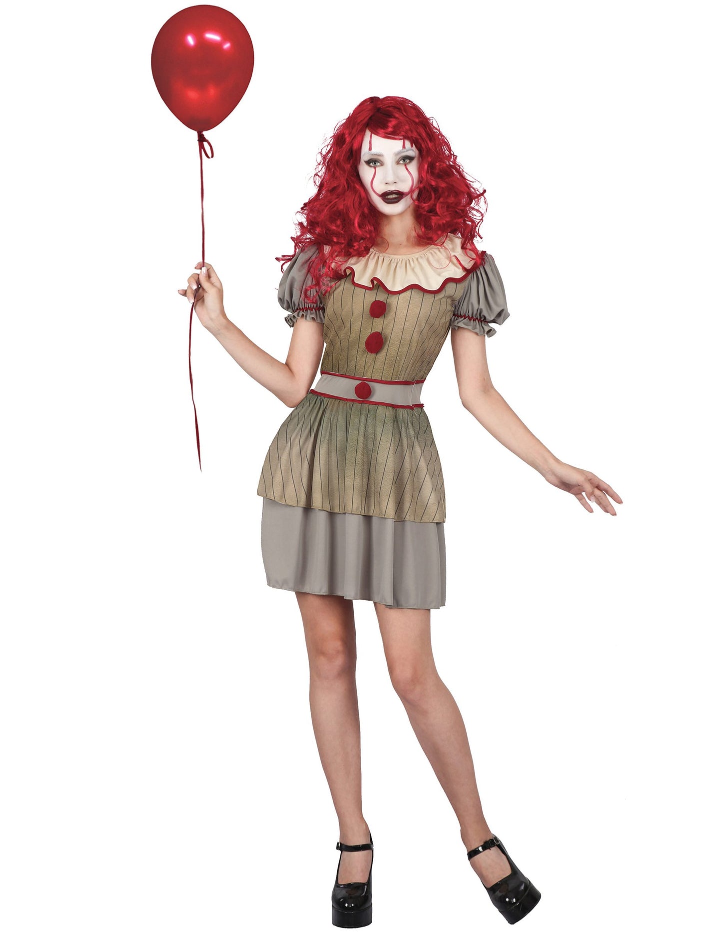 Déguisement clown psycho pour femme gris et beige avec ballon rouge