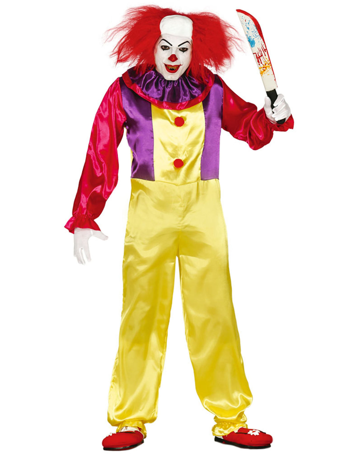 Déguisement clown tueur pour adulte jaune, violet et rouge avec perruque