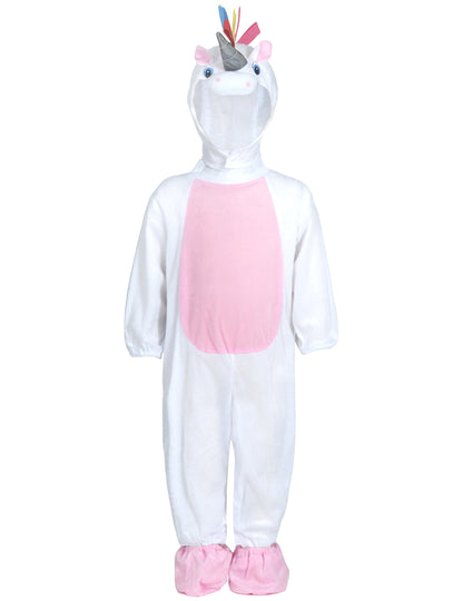 Vue de face du déguisement combinaison avec capuche licorne pour bébé