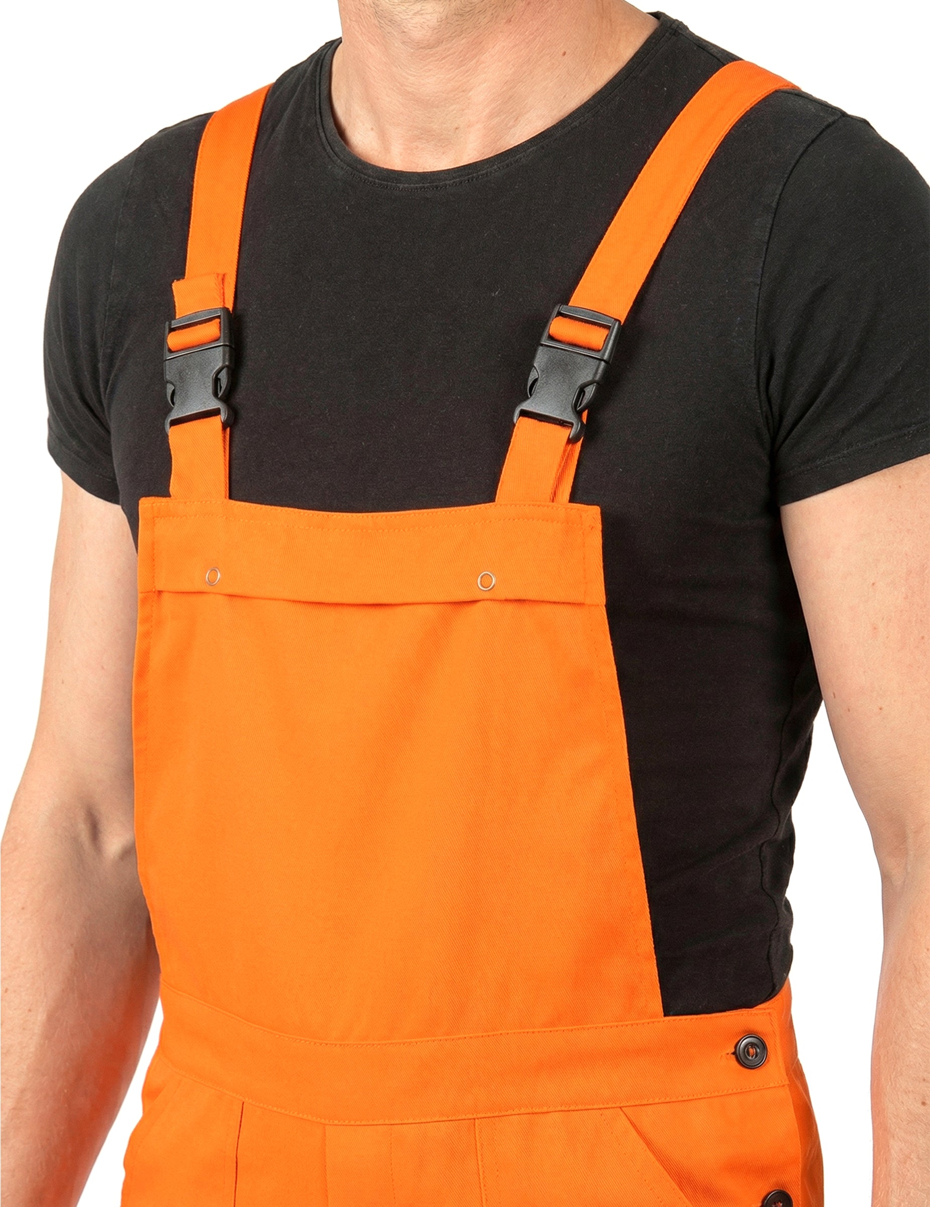 Détail des bretelles et du buste du déguisement combinaison orange fluo