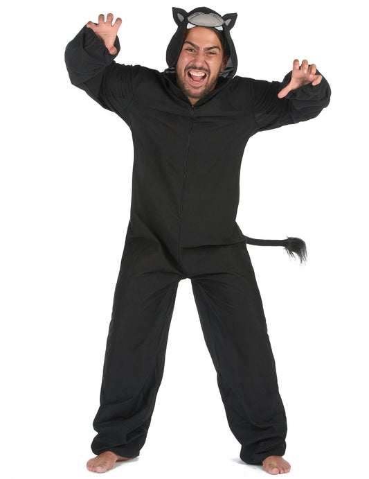 Déguisement combinaison panthère pour homme noir avec capuche oreilles et queue