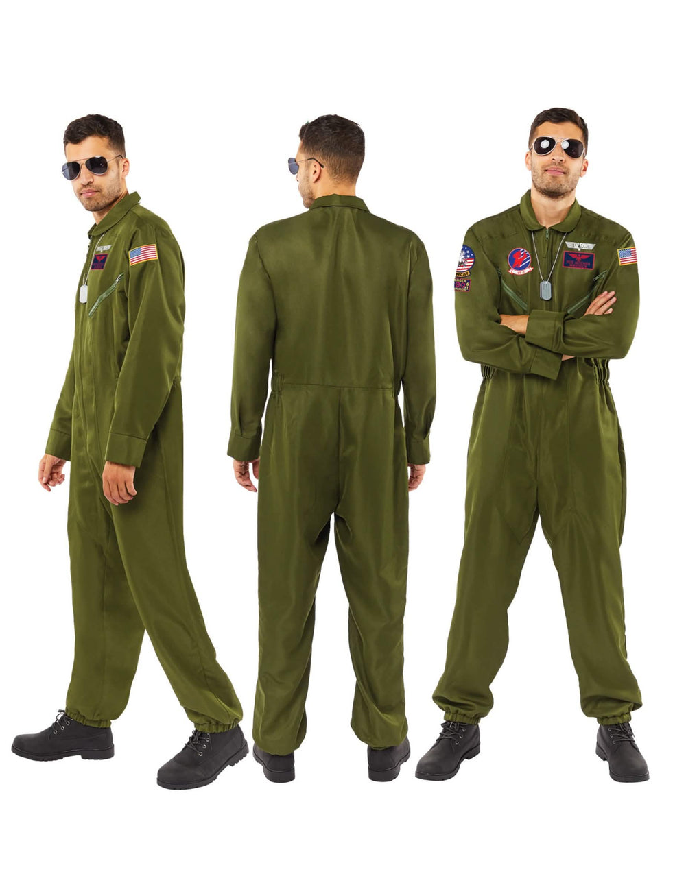 Vues de face, de dos et de profil du déguisement combinaison Top Gun pour homme