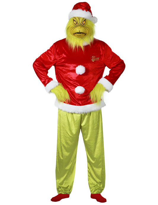 Déguisement complet le Grinch pour adulte rouge et vert avec masque et bonnet