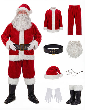 Vue d'ensemble avec cloche du déguisement complet Père Noël effet fourrure