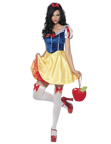Déguisement conte de fées sexy pour femme jaune et bleu avec sac pomme