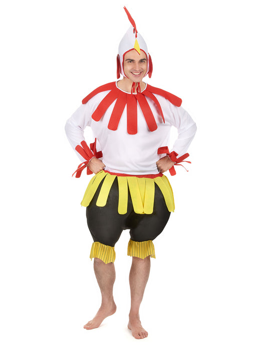 Déguisement Coq pour adulte blanc rouge jaune et noir avec coiffe