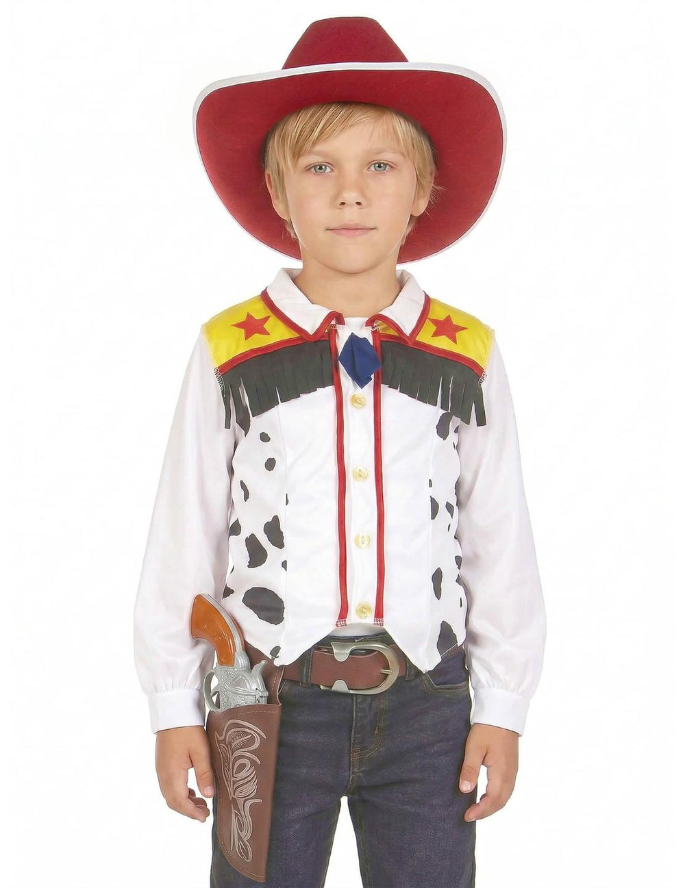 Gros plan sur le gilet et le chapeau du déguisement cowboy pour garçon