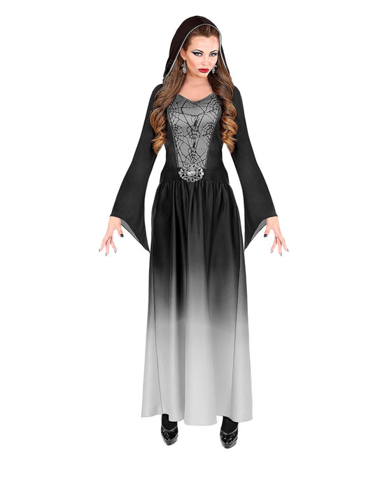 Déguisement de dame vampire gothique pour femme dégradé noir et blanc avec capuche