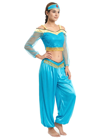 Синя и златна танцьорка костюм жена жена