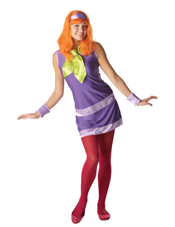 Déguisement Daphné Scooby-doo™ pour femme violet avec écharpe verte et perruque rousse