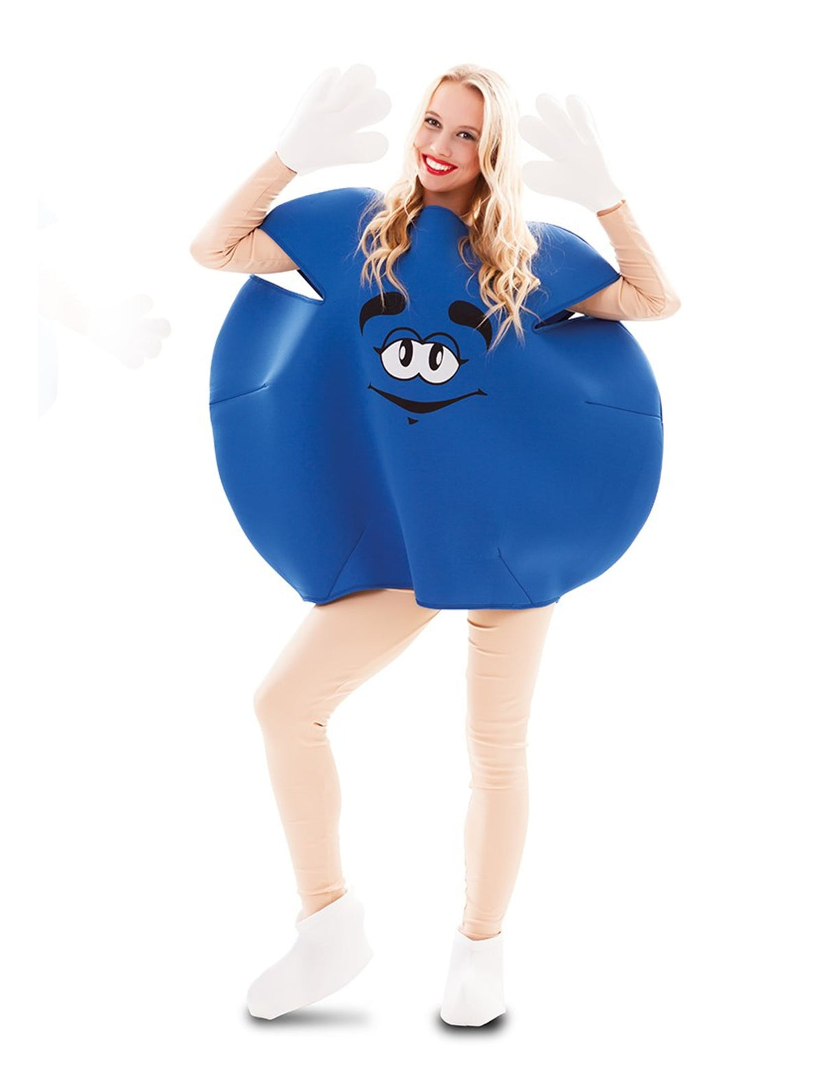 Vue de face du déguisement de bonbon pour adulte bleu