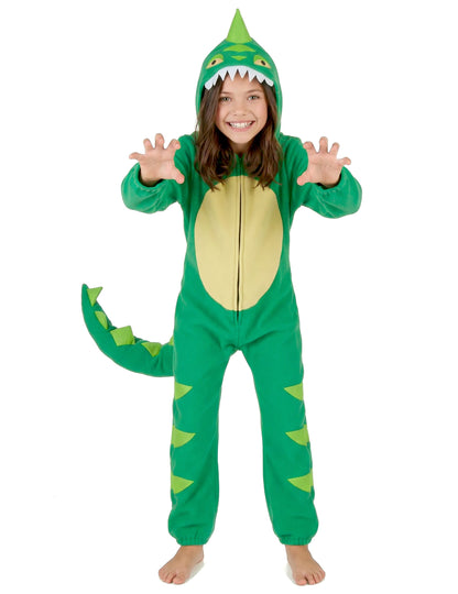 Vue de face avec capuche du déguisement de dinosaure pour enfant